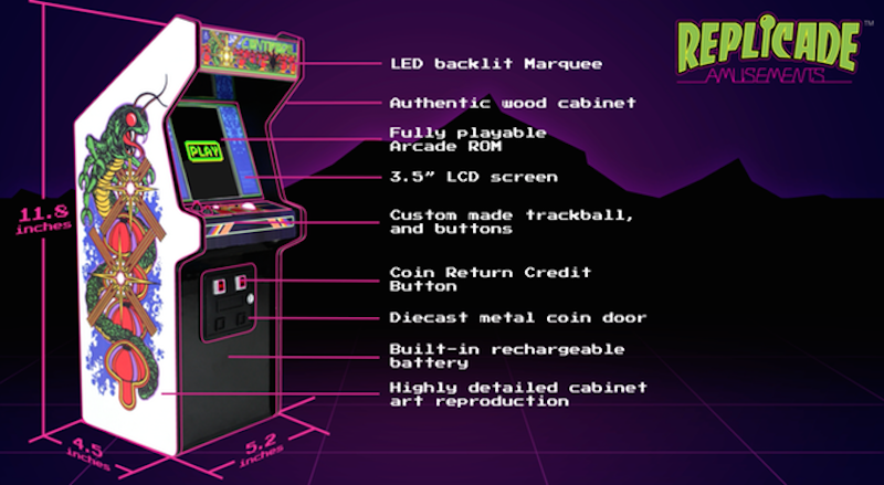 The officially-licensed Replicade version of Centipede. That tiny trackball works.